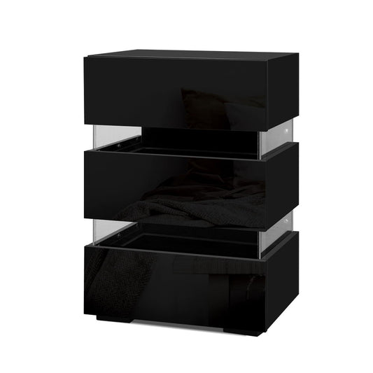 Artiss Bedside Table LED 3 Drawers - LUMI Black - Furniture > Bedroom > Bedside Tables