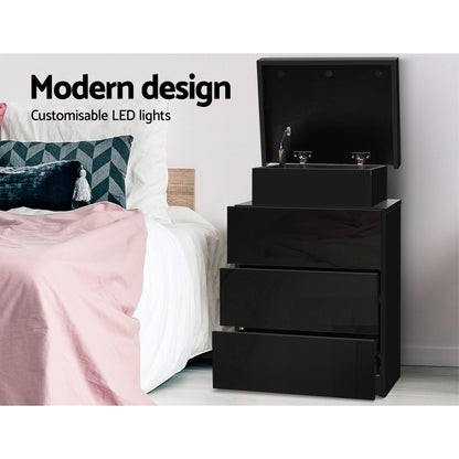 Artiss Bedside Table LED 3 Drawers - COLEY Black - Furniture > Bedroom > Bedside Tables