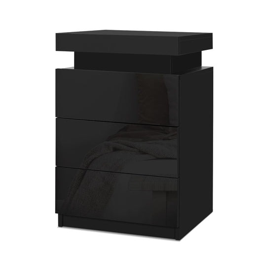 Artiss Bedside Table LED 3 Drawers - COLEY Black - Furniture > Bedroom > Bedside Tables