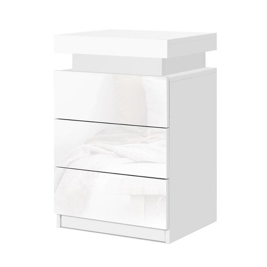 Artiss Bedside Table LED 3 Drawers - COLEY White - Furniture > Bedroom > Bedside Tables