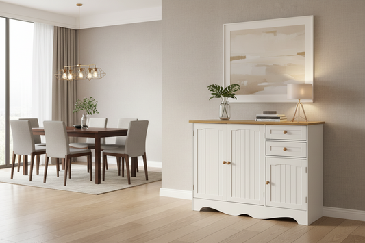 A white wooden sideboard cabinet with a light wood top, styled in a bright, modern dining room next to a dining table and chairs.