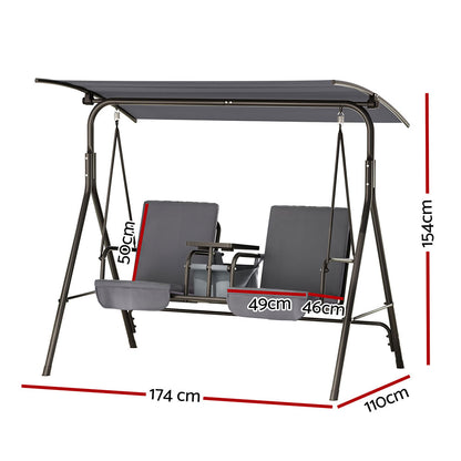 Gardeon Outdoor Swing Chair Garden Chair Canopy Cup Holder 2 Seater Grey