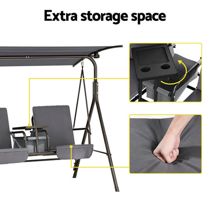 Gardeon Outdoor Swing Chair Garden Chair Canopy Cup Holder 2 Seater Grey