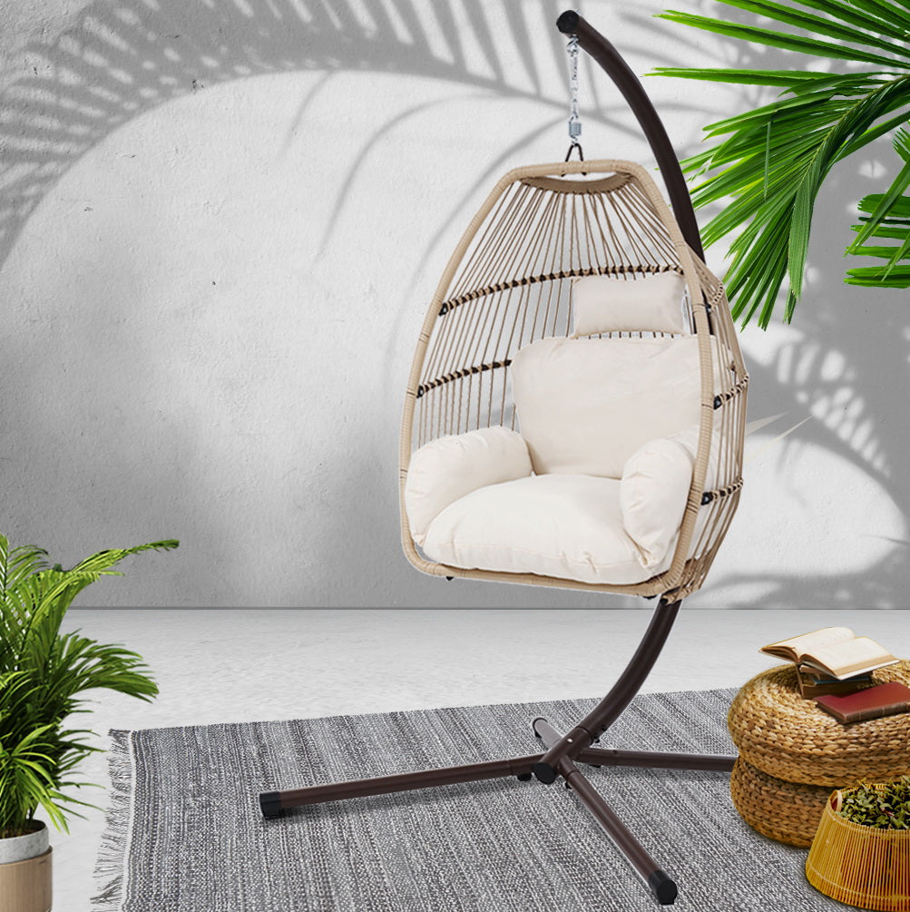Gardeon Outdoor Egg Swing Chair Hanging Chair Wicker Rope Pod Stand Cushion Latte