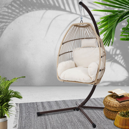 Gardeon Outdoor Egg Swing Chair Hanging Chair Wicker Rope Pod Stand Cushion Latte