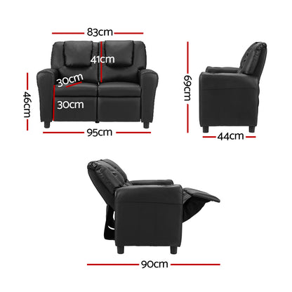 Keezi Kids Recliner Chair Double PU Leather Sofa Lounge Couch Armchair Black - Furniture > Office > Office & Desk Chairs