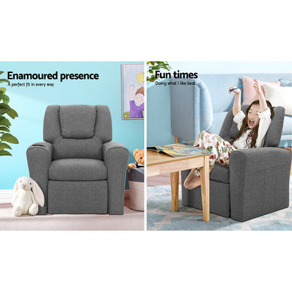 Keezi Kids Recliner Chair Linen Soft Sofa Lounge Couch Children Armchair Grey - Furniture > Bar Stools & Chairs > Arm
