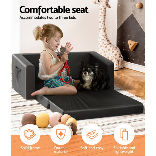 Kids Sofa 2 Seater Children Flip Open Couch PU Leather Armchair Black - Baby & Kids > Kid’s Furniture > Kid’s Tables