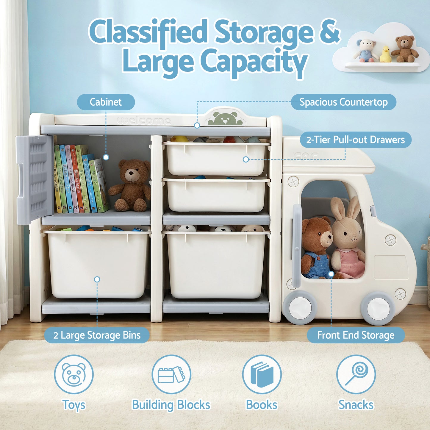 Keezi Toy Storage Organizer with 4 Storage Bins and Cabinet, Bookcase Kids Toys Box, Toy Storage for Kids Room, Playroom, Bedroom, Nursery, Car Shaped