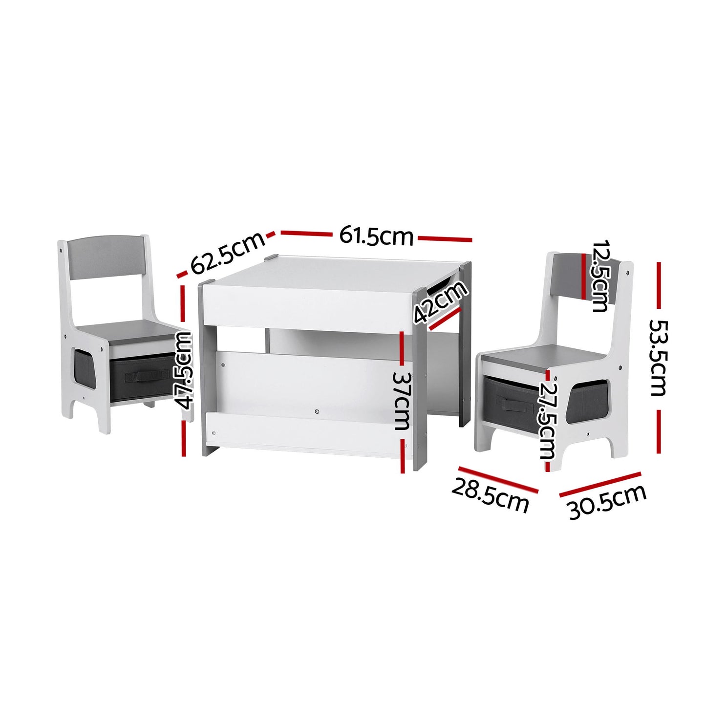 Keezi Kids Table and Chair Set, 4 in 1 Wooden Activity Table with Bookcase, Storage Box and Detachable Blackboard, Toddler Table and 2 Chairs Set, Grey