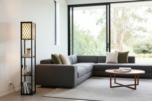 Floor Lamp 3 Tier Shelf Storage LED Light Stand Home Room Pattern Black