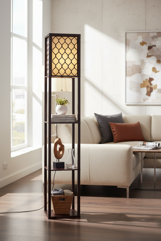 Floor Lamp 3 Tier Shelf Storage LED Light Stand Home Room Pattern Brown