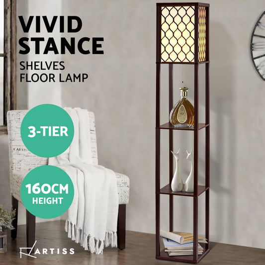 Floor Lamp 3 Tier Shelf Storage LED Light Stand Home Room Pattern Brown - Furniture > Bedroom