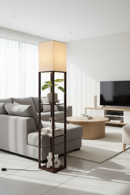 Floor Lamp 3 Tier Shelf Storage LED Light Stand Home Room Vintage White