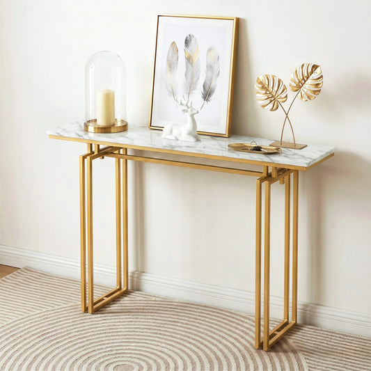 Console Table Hallway Entryway Table Marble Effect 110CM White & Gold