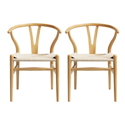 1 Set of 2 Artiss Dining Chairs Wooden Rattan Seat Wishbone Back - Furniture > Dining > Kitchen & Dining Chairs