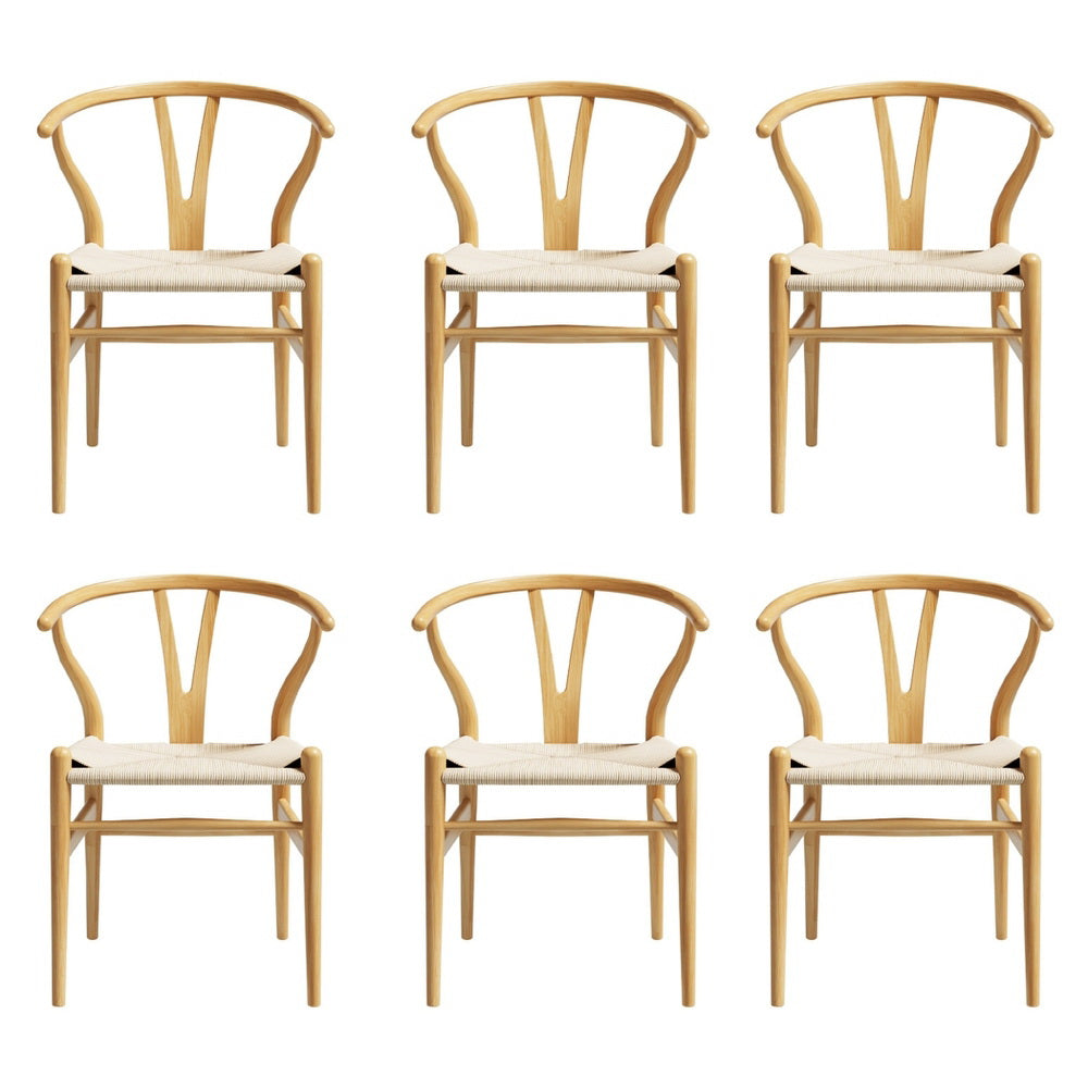 1 Set of 6 Artiss Dining Chairs Wooden Rattan Seat Wishbone Back Furniture > Dining > Kitchen & Dining Chairs