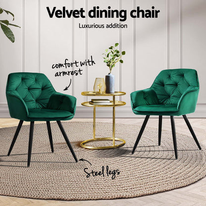 Artiss Dining Chairs Set of 4 Velvet Diamond Tufted Armchair Green - Furniture > Dining > Kitchen & Dining Chairs