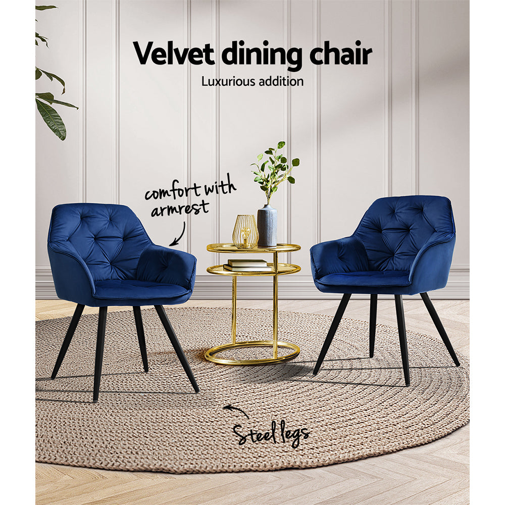 Artiss Dining Chairs Set of 2 Velvet Diamond Tufted Armchair Blue - Furniture > Dining > Dining Set