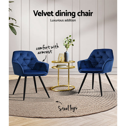 Artiss Dining Chairs Set of 2 Velvet Diamond Tufted Armchair Blue - Furniture > Dining > Dining Set
