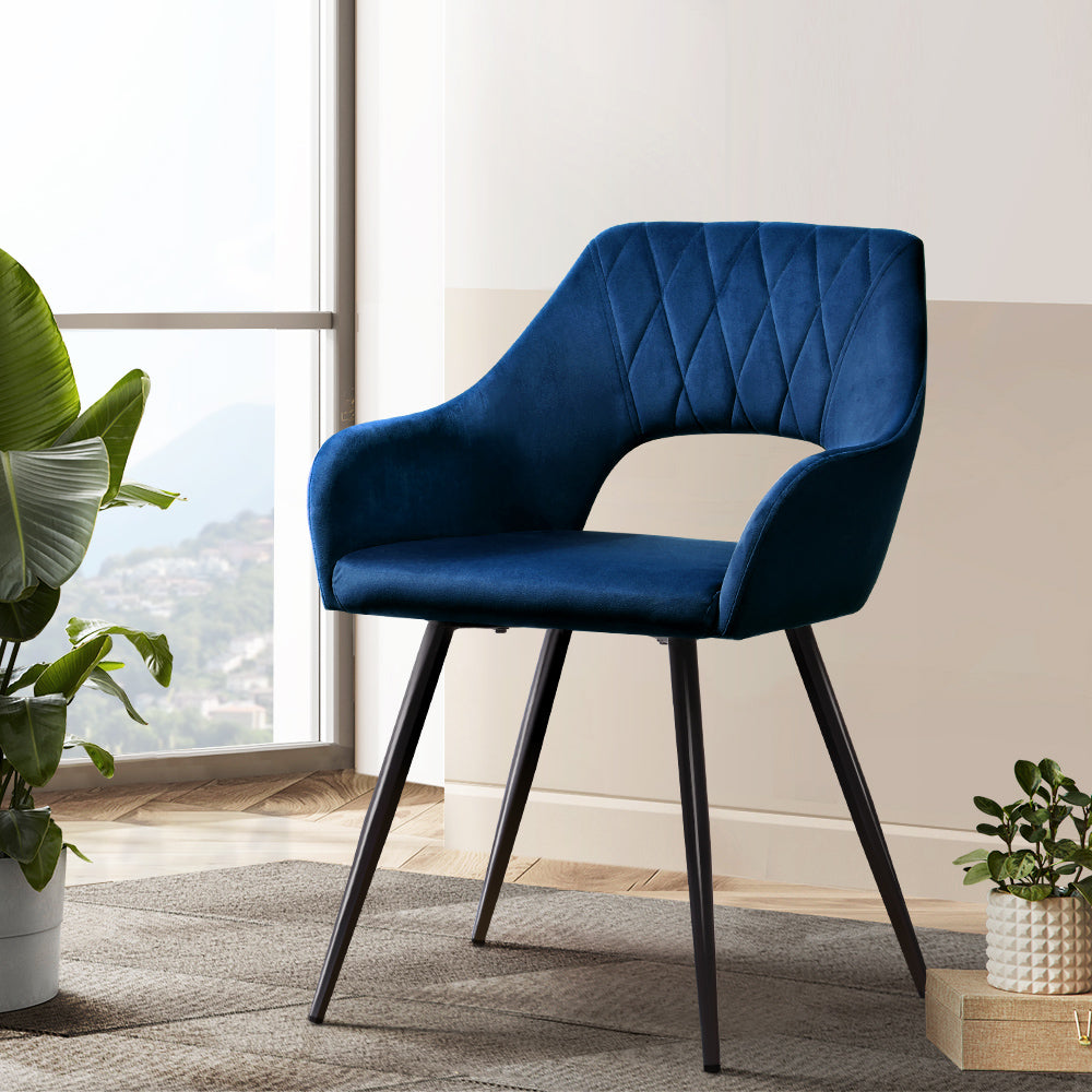 Artiss Dining Chairs Set of 2 Velvet Hollow Armchair Blue - Furniture > Dining > Kitchen & Dining Chairs