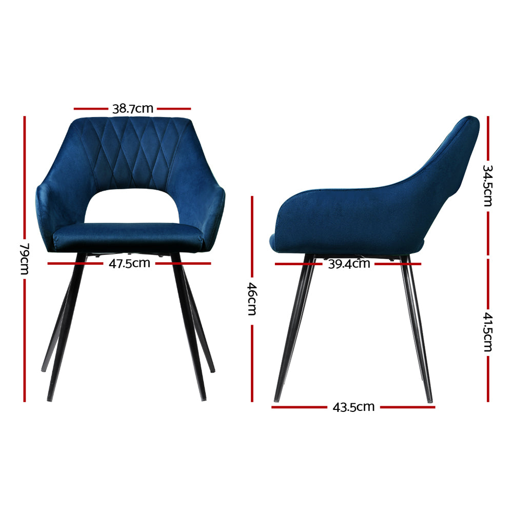 Artiss Dining Chairs Set of 2 Velvet Hollow Armchair Blue - Furniture > Dining > Kitchen & Dining Chairs
