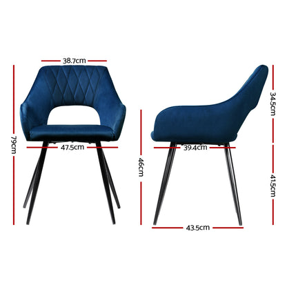 Artiss Dining Chairs Set of 2 Velvet Hollow Armchair Blue - Furniture > Dining > Kitchen & Dining Chairs