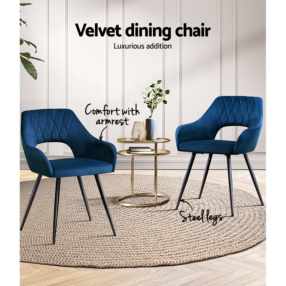 Artiss Dining Chairs Set of 2 Velvet Hollow Armchair Blue - Furniture > Dining > Kitchen & Dining Chairs