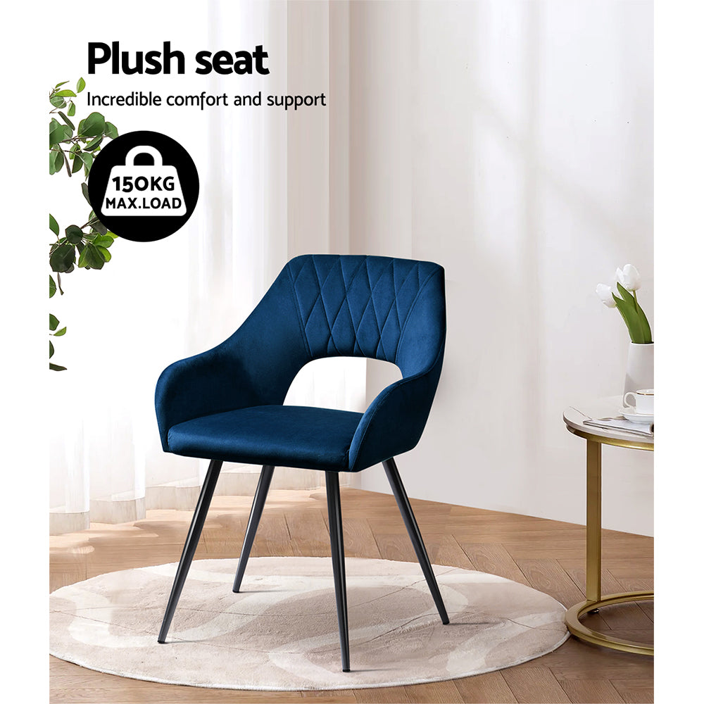 Artiss Dining Chairs Set of 2 Velvet Hollow Armchair Blue - Furniture > Dining > Kitchen & Dining Chairs