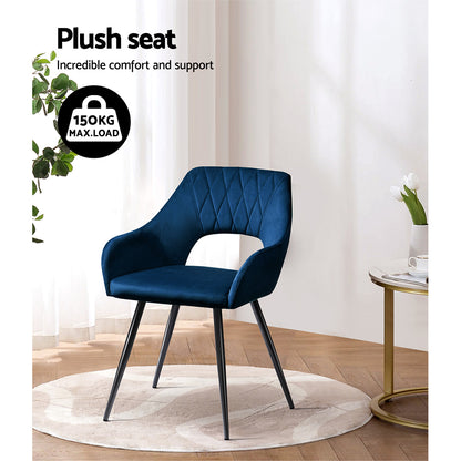 Artiss Dining Chairs Set of 2 Velvet Hollow Armchair Blue - Furniture > Dining > Kitchen & Dining Chairs