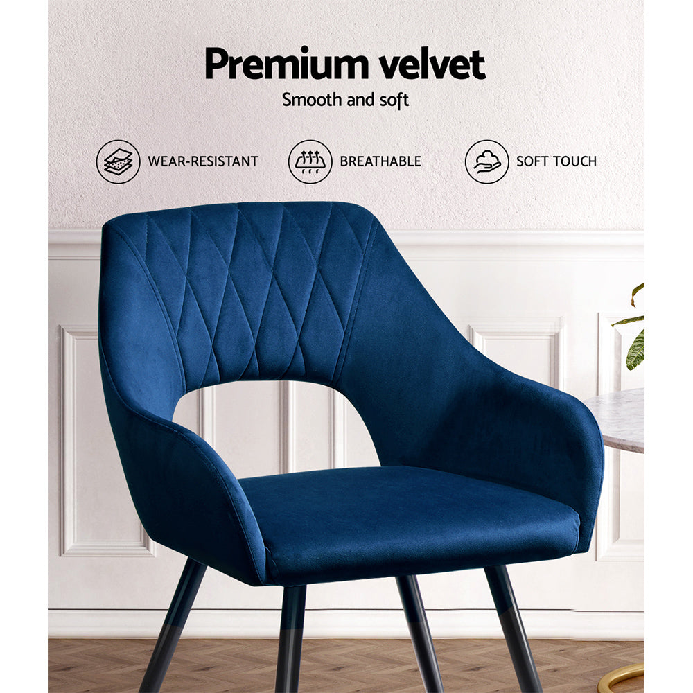 Artiss Dining Chairs Set of 2 Velvet Hollow Armchair Blue - Furniture > Dining > Kitchen & Dining Chairs