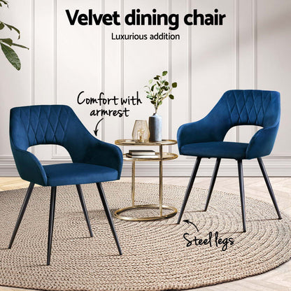 Artiss Dining Chairs Set of 4 Velvet Hollow Armchair Blue - Furniture > Dining > Kitchen & Dining Chairs