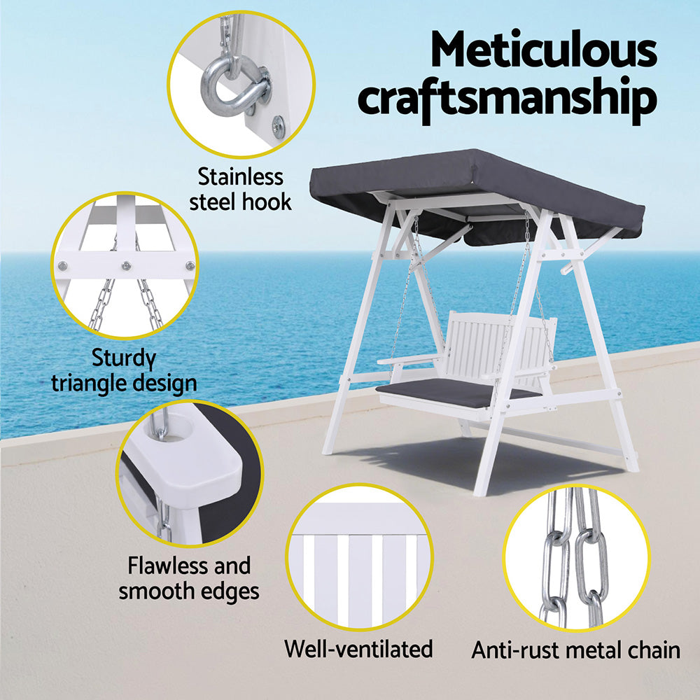 Gardeon Outdoor Wooden Swing Chair Garden Bench Canopy Cushion 3 Seater White - Furniture > Outdoor > Outdoor Chairs