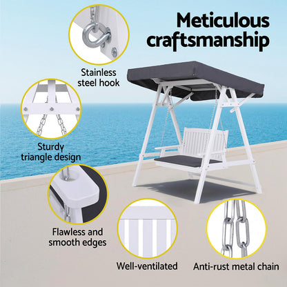 Gardeon Outdoor Wooden Swing Chair Garden Bench Canopy Cushion 3 Seater White - Furniture > Outdoor > Outdoor Chairs
