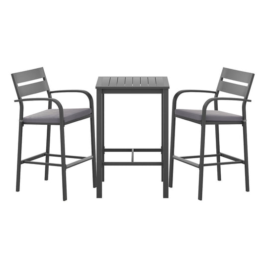Black 3-piece aluminium outdoor bar set - black - Stool: 57cm x 54cm x 114cm; Table: 70cm x 70cm x 105.5cm Australia