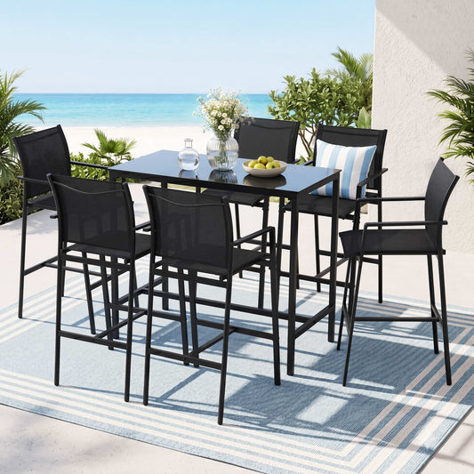 Black 7-piece steel outdoor bar set - black - Stool: 47cm x 56cm x 115cm; Table: 120cm x 60cm x 104cm Australia