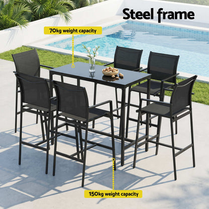 Gardeon 7PCS Outdoor Bar Set Stools Dining Chairs Table Patio Steel Bistro Set Black