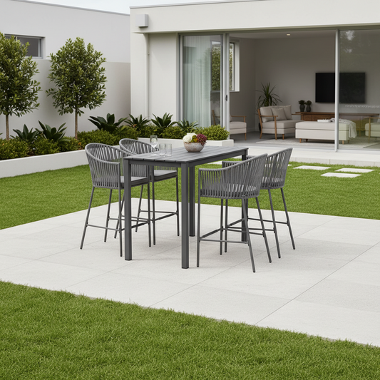 Black 5-piece rope weave outdoor bar set - Stool: 57cm x 60cm x 103cm; Table: 140cm x 63cm x 100cm Australia
