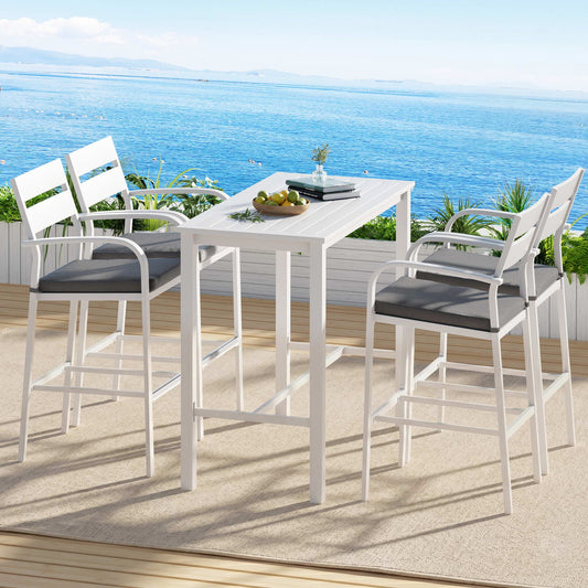 White 5-piece aluminium outdoor bar set - white - Stool: 57cm x 54cm x 114cm; Table: 62cm x 130cm x 105.5cm Australia