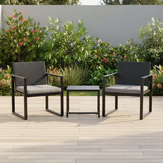 Grey 3-piece wicker bistro set with cushions - black - Chair: 59cm x 59cm x 77cm; Table: 40cm x 42cm x 38cm Australia