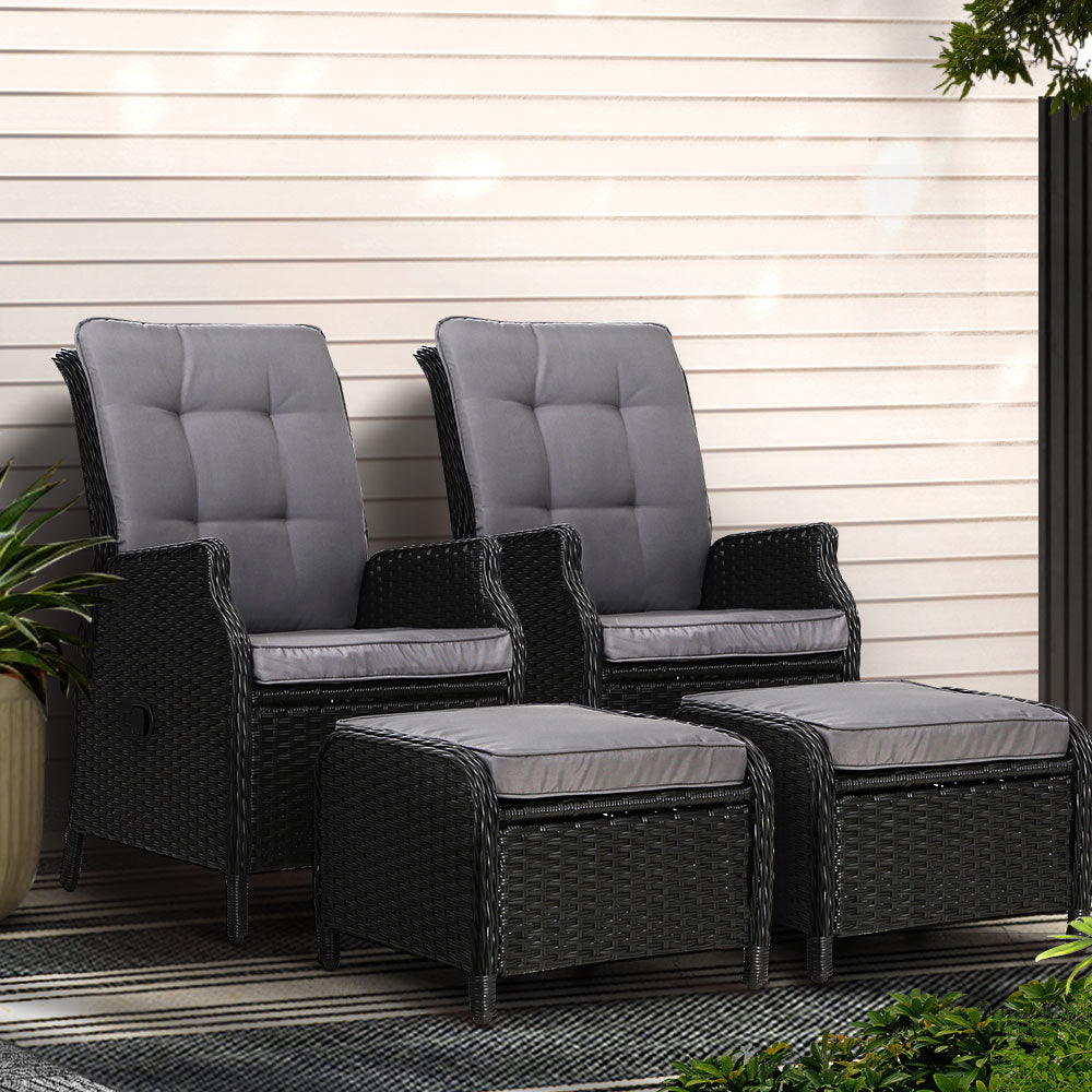 Gardeon 2PC Recliner Chair Sun lounge Wicker Lounger Outdoor Furniture Adjustable Black - Furniture > Outdoor > Outdoor