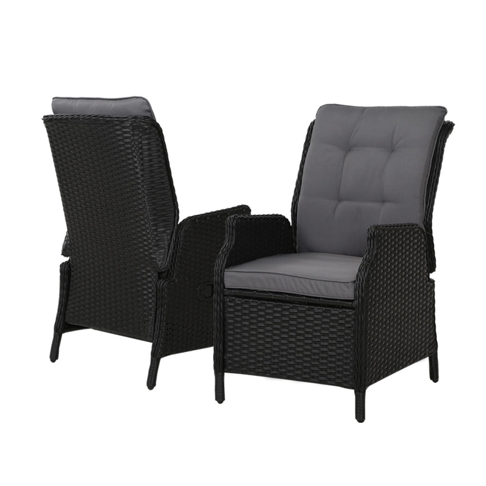 Gardeon 2PC Recliner Chair Sun lounge Wicker Lounger Outdoor Furniture Adjustable Black - Furniture > Outdoor > Outdoor