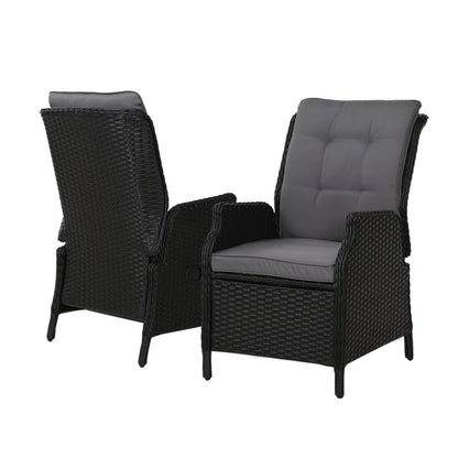 Gardeon 2PC Recliner Chair Sun lounge Wicker Lounger Outdoor Furniture Adjustable Black - Furniture > Outdoor > Outdoor