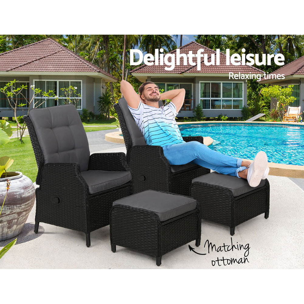Gardeon 2PC Recliner Chair Sun lounge Wicker Lounger Outdoor Furniture Adjustable Black - Furniture > Outdoor > Outdoor