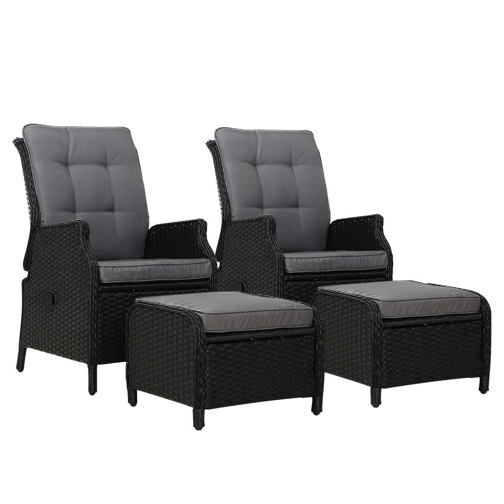 Gardeon 2PC Recliner Chair Sun lounge Wicker Lounger Outdoor Furniture Adjustable Black - Furniture > Outdoor > Outdoor