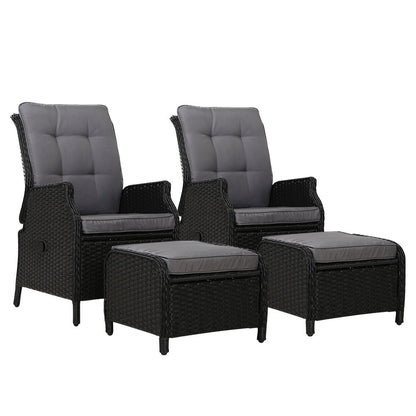 Gardeon 2PC Recliner Chair Sun lounge Wicker Lounger Outdoor Furniture Adjustable Black - Furniture > Outdoor > Outdoor