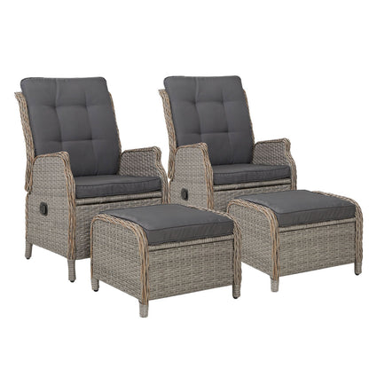 Gardeon 2PC Recliner Chair Sun lounge Wicker Lounger Outdoor Furniture Adjustable Grey - Furniture > Outdoor > Outdoor