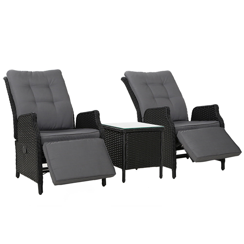 Gardeon 3PC Recliner Chairs Table Sun lounge Outdoor Furniture Wicker Adjustable Black - Furniture > Outdoor > Outdoor