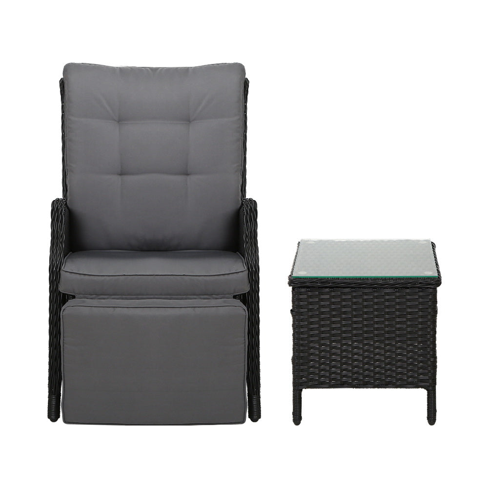 Gardeon 3PC Recliner Chairs Table Sun lounge Outdoor Furniture Wicker Adjustable Black - Furniture > Outdoor > Outdoor