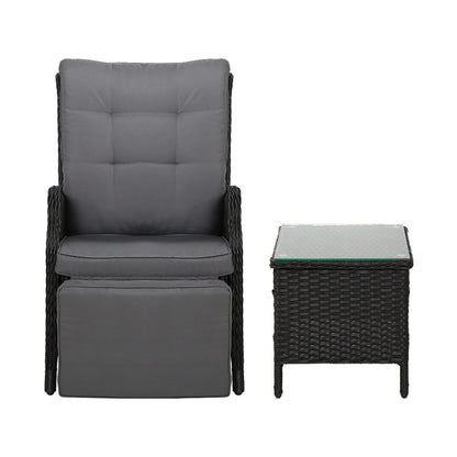 Gardeon 3PC Recliner Chairs Table Sun lounge Outdoor Furniture Wicker Adjustable Black - Furniture > Outdoor > Outdoor